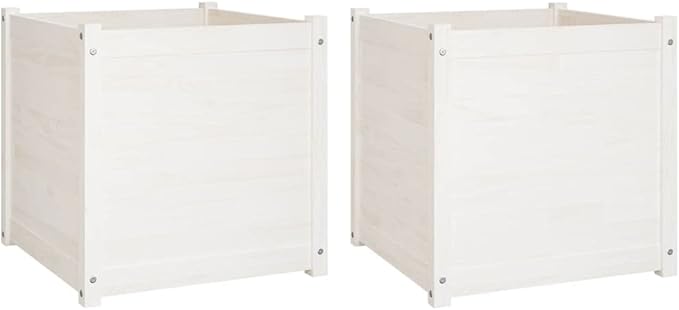 White Solid Pine Wood Garden Planter Set 23.6x23.6x23.6 Inch Outdoor Square Raised Garden Bed for Flowers Herbs Vegetables Weather Resistant Finish