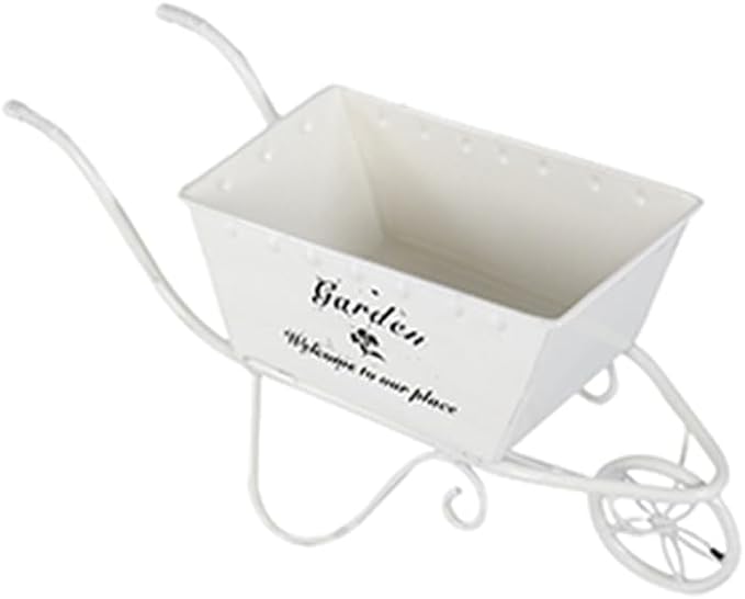 11.5x4x7 White Metal Decorative Disressed Wheelbarrow Planter Tabletop Decor
