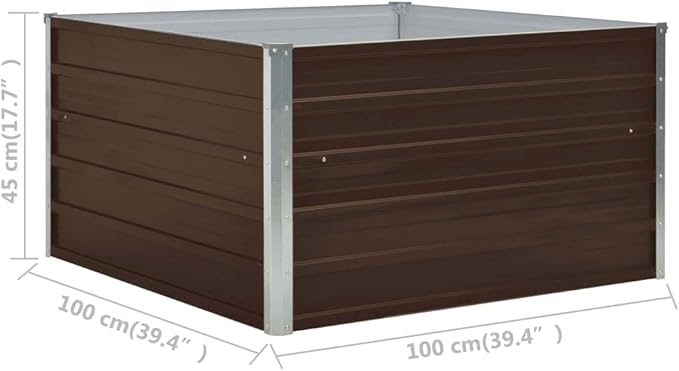 vidaXL Raised Garden Bed - Spacious Planting Solution - Galvanized Steel Material in Brown Color - Square Design - Sturdy with Edge Fold Safety - Easy Assembly - Size: 39.4x39.4x17.7