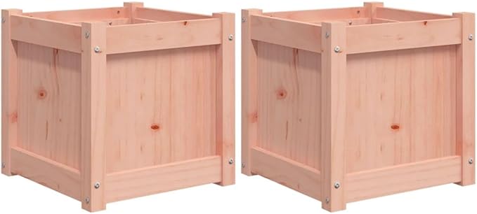 Garden Planter Set of 2 Natural Solid Douglas Fir Wood 15.7x15.7x15.7 inch Square Raised Bed for Outdoor Plants Patio Balcony Herb &amp Flower Gardening