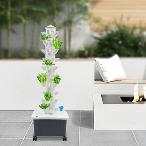 56-Plant Hydroponic Growing System - Indoor &amp Outdoor Garden Planter Kit with Pump &amp Wheels Smart Hydroponic Tower for Vegetables &amp Herbs Space-Saving Vertical Garden White Base