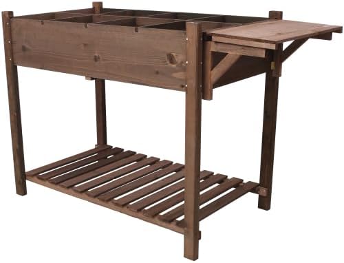 8 Pockets Horticulture Raised Garden Bed Elevated Wood Planter Box Stand with Foldable Side Table and Storage Shelf for Herb/Vegetables/Flowers (Dark Brown)