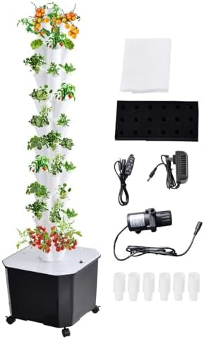 60 Plant Hydroponics Growing System Kit - 50L Large Capacity Hydroponic Tower with Timer Water Pump &amp Movable Tank for Indoor/Outdoor Vegetables Strawberries Lettuce