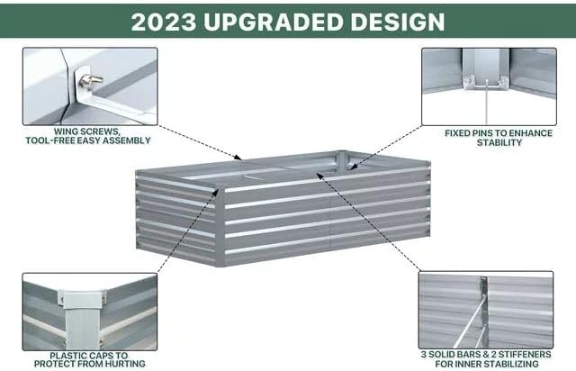 6x3x2ft Outdoor Metal Raised Garden Bed Planter Box for Vegetables Flowers Herbs w/ 3 Tomato Cages Siliver