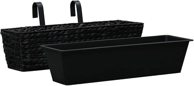 Black Water Hyacinth Rectangular Planter Set 2 Pack Indoor Modern Decorative Plant Pots with Steel Frame 23.6 Inch for Living Room Balcony