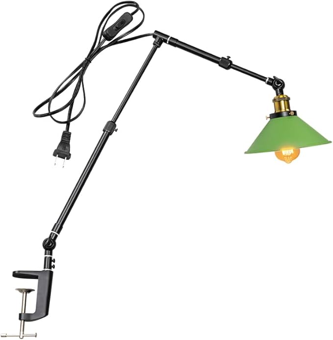 Clip Mount Plant Growing Stand Socket Light E26 Base 15Ft Timer Switch Cord Adjustable Length Green Shade for Indoor Desk Or Shelf Plants(No Bulb)