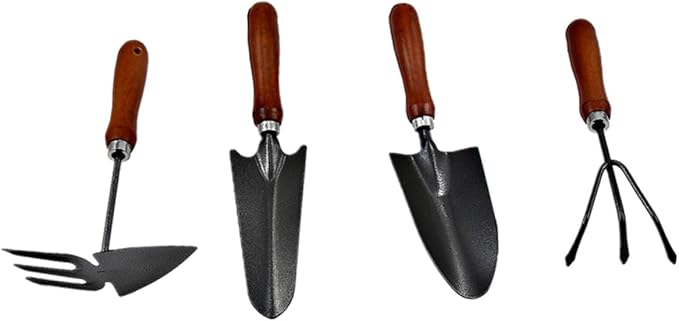 HEMOTON 4pcs Mini Garden Tool Set with Thicken Iron Spade and Wooden Handles Compact Gardening Hand Tools for Planting Weeding and Lawn Care