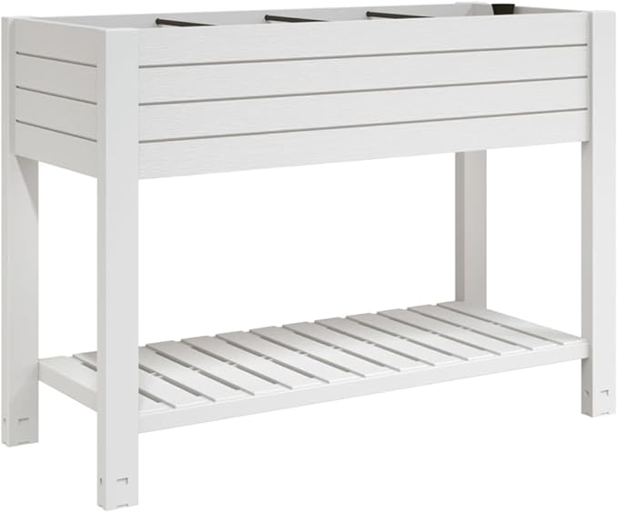 White Polypropylene Raised Garden Bed 43.3in Large Durable Planter for Outdoor Plants Ergonomic Height for Patio Deck and Backyard Gardening