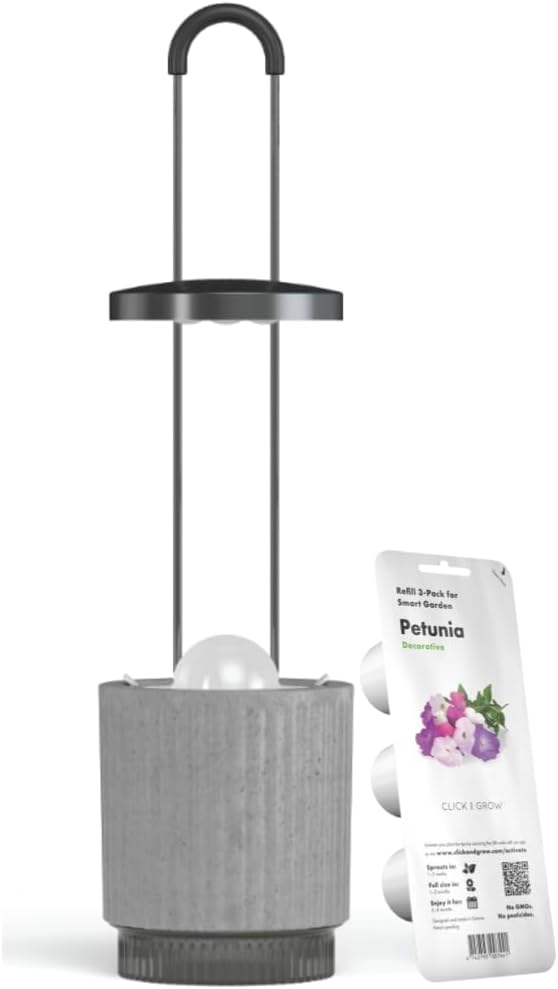 Mini Smart Planter Kit with Petunia Plant Pods by Click&ampGrow Hydrovase Indoor Garden Self-Watering Pot with Grow Light (Grey)