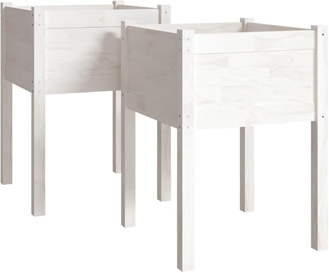 White Solid Pinewood Planter Set 2 Pack 19.7x19.7x27.6 Inch Square Raised Garden Bed for Outdoor Indoor Plants Durable