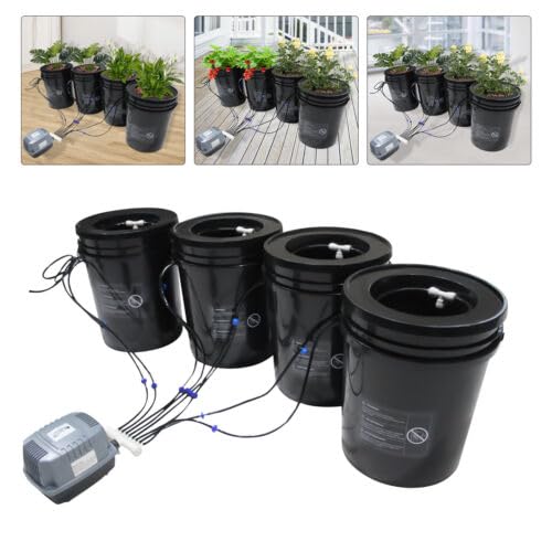 Hydroponics Grow System 4Pcs 5-Gallon Hydroponic Bucket Kit with Water Pump Deep Water Recirculating Culture Drip Irrigation System for Vegetables (4 Bucket + Drip Kit)