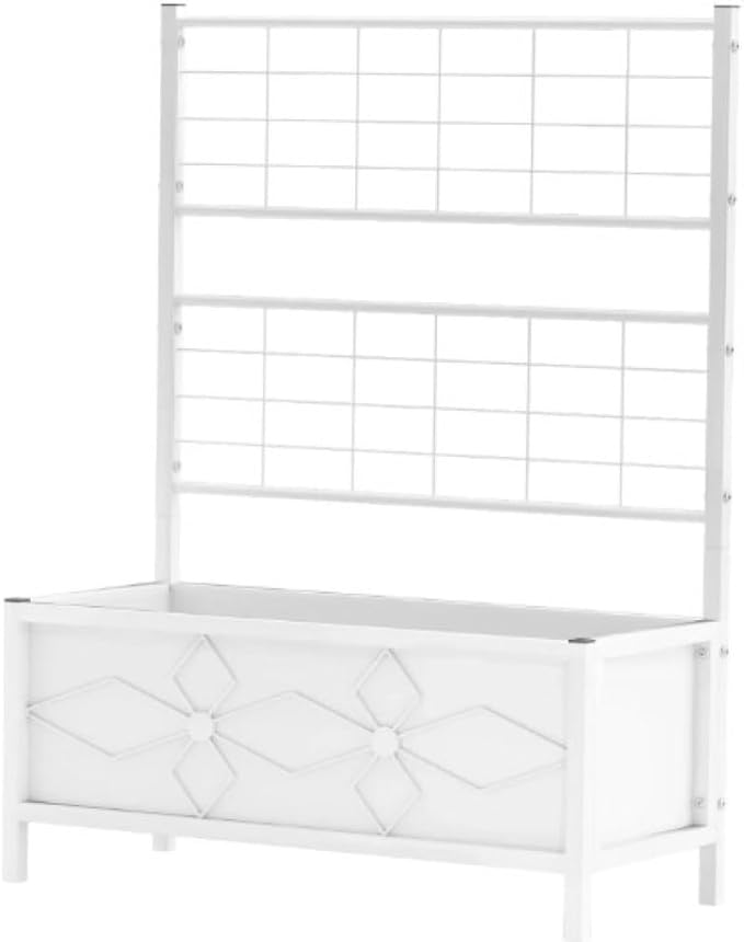Galvanized Steel Raised Garden Bed with Trellis Support for Climbing Plants – Durable Outdoor Planter Box for Vegetables and Flowers (White + Steel)