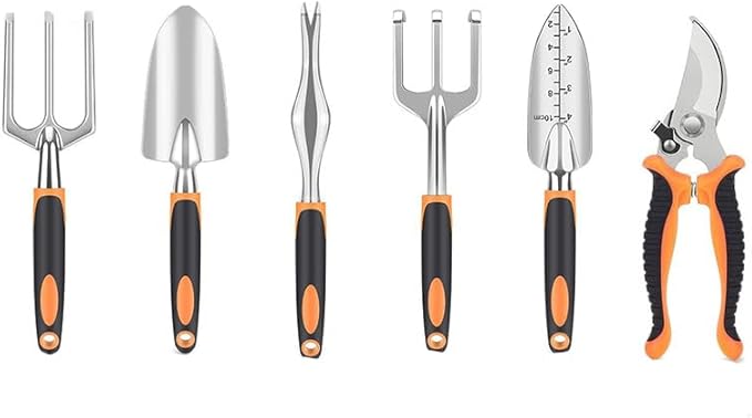 6Pcs Garden Tool Set Aluminum Alloy Gardening Tools Sand Digging Set Non Slip Ergonomic Handle Depth Marking Hand Rake Weed Puller Garden Fork &amp Pruning Shear Garden Hand Tools (Orange)