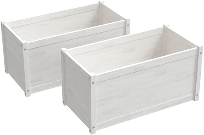 White Solid Pinewood Garden Planter Set of 2 Medium 39.4 Outdoor Rectangular Raised Bed for Flowers Herbs Vegetables