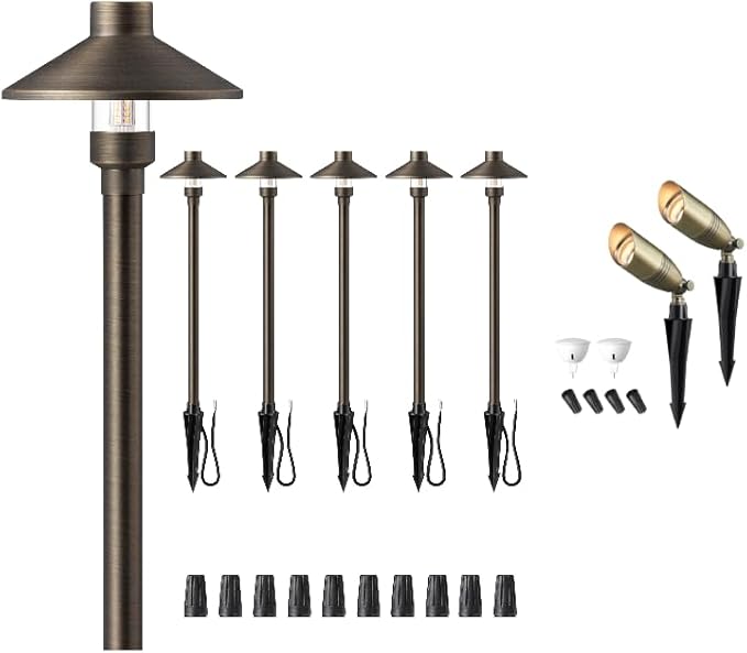 EDISHINE 6 Pack Solid Brass Tall Low Voltage Pathway Lights &amp Outdoor Landscape Spotlights