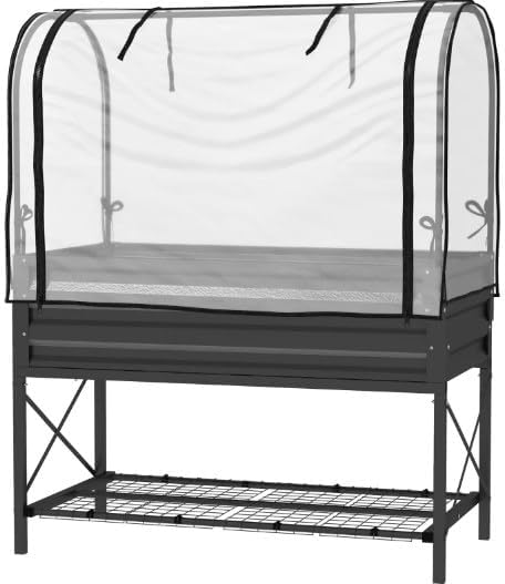 Metal Elevated Planter BoxRaised Garden Bed with Legs and Coverwith Bottom Shelf and Liner for Vegetables