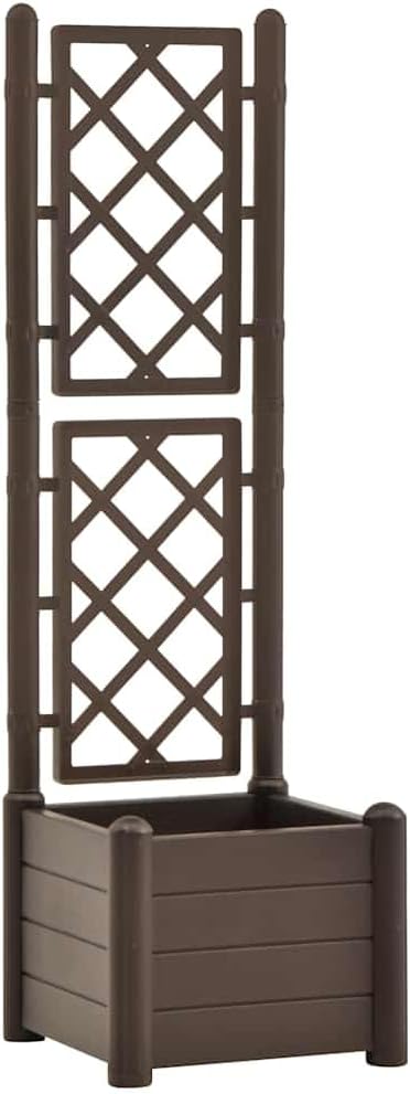Large Garden Planter with Trellis Mocha Polypropylene Square Raised Bed for Outdoor Plants 16.9x16.9x55.9 Inch Durable Matte Finish