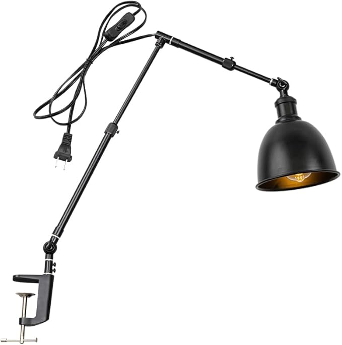 15Ft Timer Switch Cord Clip Mount Plant Growing Stand Socket Light Adjustable Length Black Metal Shade Retro Design for Indoor Shelf Desk Plants (No Bulb)