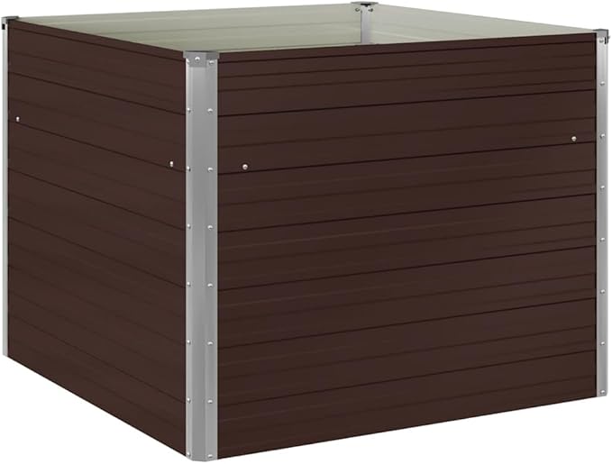 vidaXL Galvanized Steel Raised Garden Bed - 39.4x39.4x30.3 Size Square Design Brown Color Large Planting Space with Safety Edge Easy Assembly
