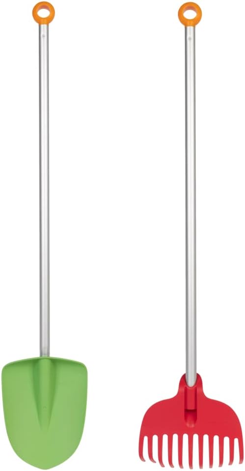 Fiskars Kids' Essential Landscaping Set - Leaf Rake and Garden Shovel - Kids Gardening Set - 2 PieceRed/Green