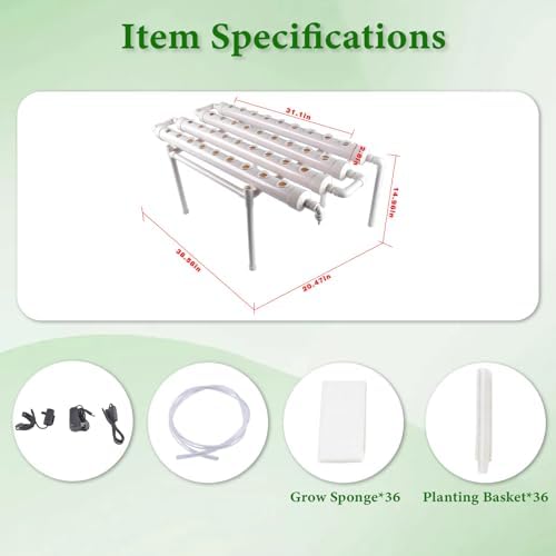 Hydroponic Grow Kit - Wall-Mounted System with 36 Plant Sites Food-Grade PVC-U Pipes Water Pump Timer Nest Basket &amp Sponge for Leafy Vegetables