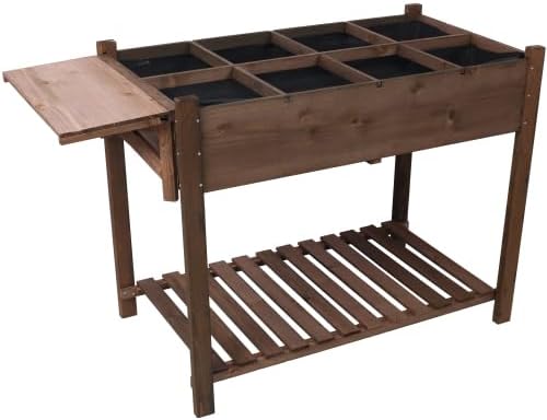 8 Pockets Horticulture Raised Garden Bed Elevated Wood Planter Box Stand with Foldable Side Table and Storage Shelf for Herb/Vegetables/Flowers (Dark Brown)
