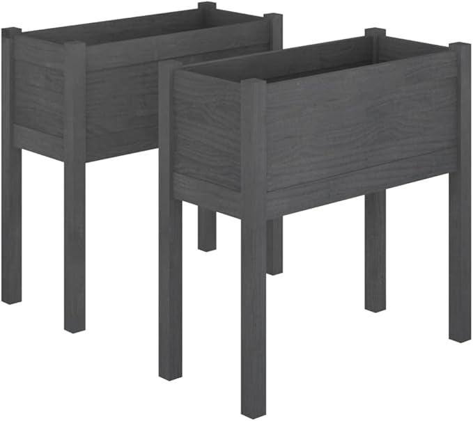 Garden Planter Set of 2 Grey Solid Pinewood Large Durable Rectangular Outdoor Raised Garden Beds for Flowers Vegetables
