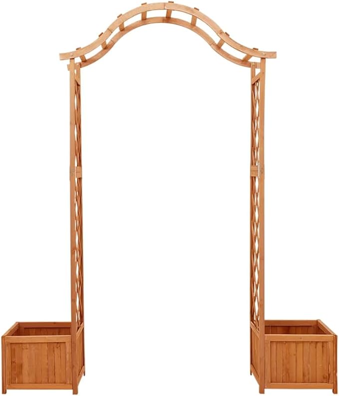 Wooden Garden Pergola with Planter Solid Firwood Planter with Trellis Outdoor Raised Garden Bed for Plants Hanging Flower Baskets Brwon-250