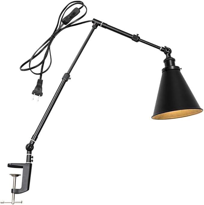 15Ft Timer Switch Cord Clip Mount Plant Growing Stand Socket Light Adjustable Length Black Cone Shade Retro Design for Shelf Or Table Indoor Plants (No Bulb)