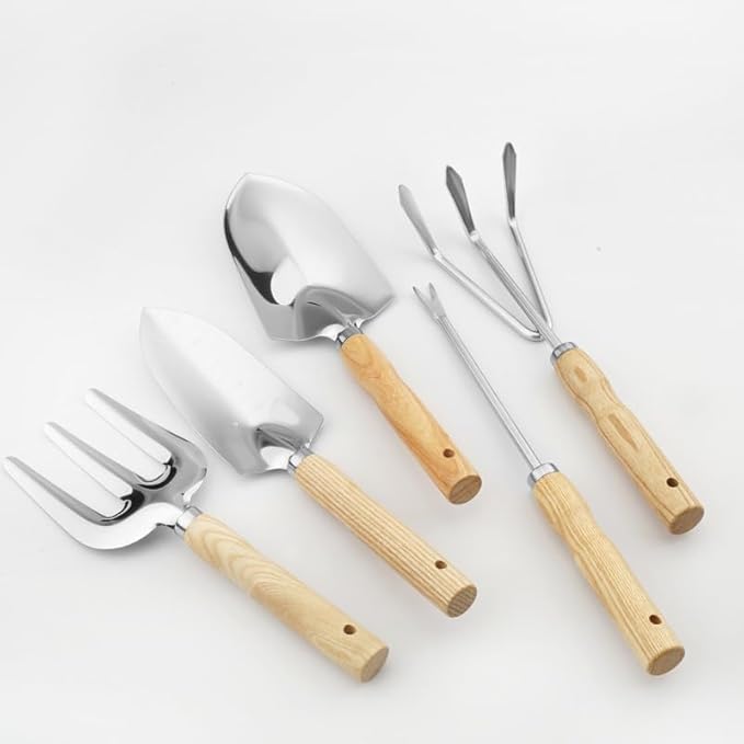 Home Garden Tool Set 5 Piece Gardening Tools Stainless Steel Gardening Kit with Wooden Handle Garden Shovel Cultivate Garden Rakes Garden Shovel For Excavation Growing Measurement Transplanting