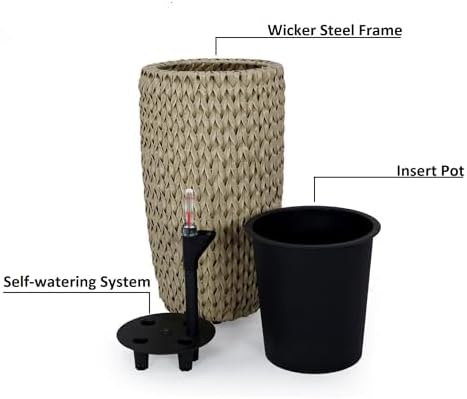 Generic 14.6 Self Watering Wicker Planter Garden Decoration Pot Beige Round