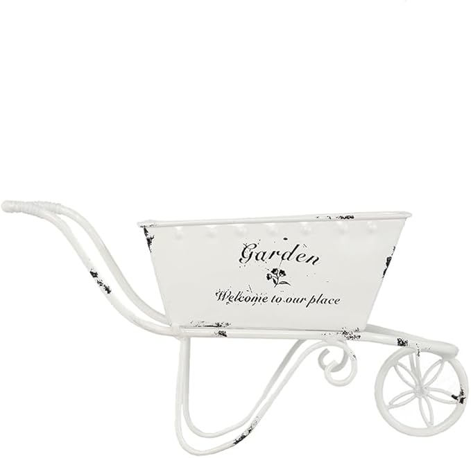 11.5x4x7 White Metal Decorative Disressed Wheelbarrow Planter Tabletop Decor