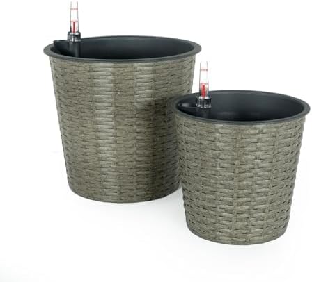 2 Pack Self Watering Wicker Decor Planter for Indoor and Outdoor Round Grey
