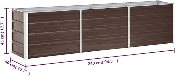 vidaXL Garden Raised Bed Galvanised Steel Rectangular Garden Planter for Flowers and Planters Bottomless Raised Flower Bed Weather-Resistant Brown 94.5x15.7x17.7