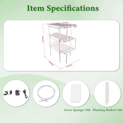 Hydroponic Grow Kit - Wall-Mounted System with 36 Plant Sites Food-Grade PVC-U Pipes Water Pump Timer Nest Basket &amp Sponge for Leafy Vegetables