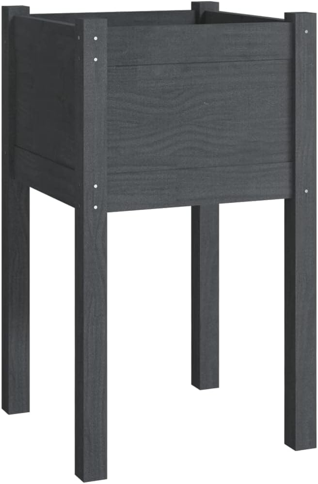 Garden Planter Grey Solid Pinewood 15.7x15.7x27.6 in. Medium Square Raised Bed for Outdoor Plants Durable Patio Growing Flowers &amp Herbs