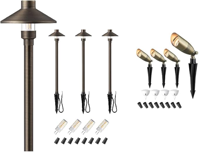 EDISHINE 4 Pack Solid Brass Tall Low Voltage Pathway Lights &amp 4 Pack Outdoor Landscape Spotlights