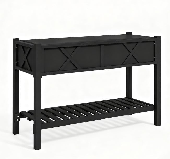 Dual-Tier Elevated Wood Raised Garden Bed with Storage Shelf Drainage Holes &amp Non-Woven Liner – Ergonomic Planter Box for Outdoor Gardening (Black)
