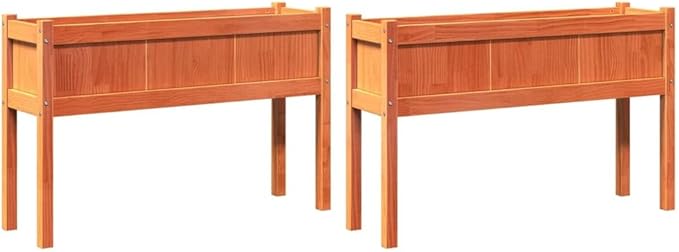 Garden Planter Set of 2 Wax Brown Solid Pine Wood 43.3 x 43.3 x 27.6 in Raised Garden Bed for Outdoor Plants Gardening