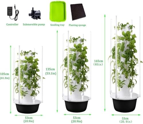 Vertical Aeroponic Tower for Indoor Herb Gardening with LED Grow Light &amp Pump - Mobile Water Tank Included Space-Saving Hydroponics System for Home Gardening