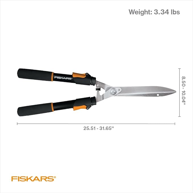 Fiskars Power-Lever Extendable Hedge Shears Self-Sharpening Serrated Steel Blades for Clean Cuts Handles Adjust 25-33 for High Reach Multiplies Leverage for 2x Power 10 Blades Orange/Black