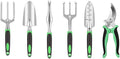 6Pcs Garden Tool Set Aluminum Alloy Gardening Tools Sand Digging Set Non Slip Ergonomic Handle Depth Marking Hand Rake Weed Puller Garden Fork &amp Pruning Shear Garden Hand Tools (Green)