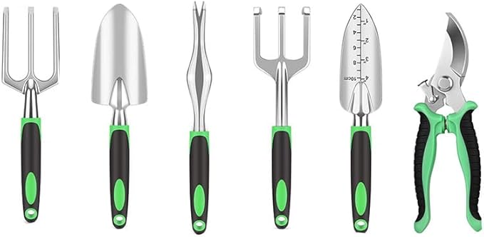 6Pcs Garden Tool Set Aluminum Alloy Gardening Tools Sand Digging Set Non Slip Ergonomic Handle Depth Marking Hand Rake Weed Puller Garden Fork &amp Pruning Shear Garden Hand Tools (Green)