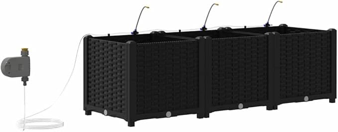 3 Pack Black Steel Garden Planter Box Set 47x16 with Irrigation Modern Outdoor Raised Bed for Vegetables Herbs Robust Patio Flower Box Kit for Balcony Terrace Backyard