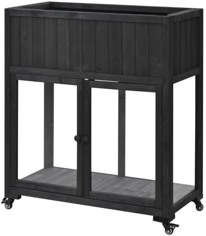 Raised Garden Bed with Wheels Wood Planter Box Mobile Mini Greenhouse with 2 Doors for Vegetables Herbs and Flowers Raised Bed with Liner for Patio Backyard and Balcony Indoor Outdoor Use Black