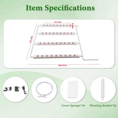 Hydroponic Grow Kit - Wall-Mounted System with 36 Plant Sites Food-Grade PVC-U Pipes Water Pump Timer Nest Basket &amp Sponge for Leafy Vegetables