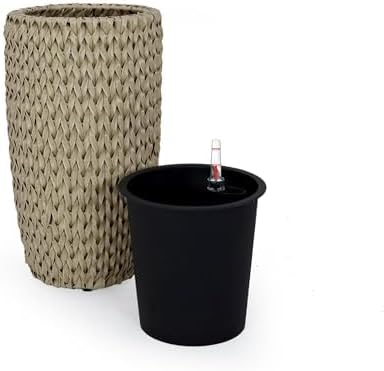 Generic 14.6 Self Watering Wicker Planter Garden Decoration Pot Beige Round