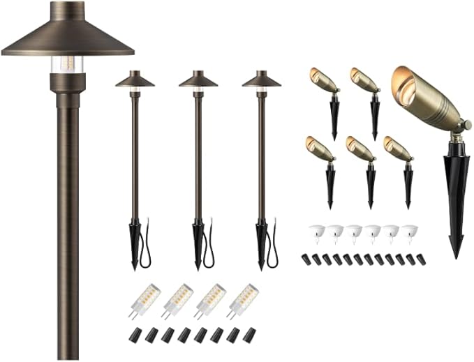 EDISHINE 4 Pack Solid Brass Tall Low Voltage Pathway Lights &amp 6 Pack Outdoor Landscape Spotlights