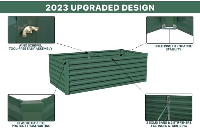 6x3x2ft Outdoor Metal Raised Garden Bed Planter Box for Vegetables Flowers Herbs w/ 3 Tomato Cages Green