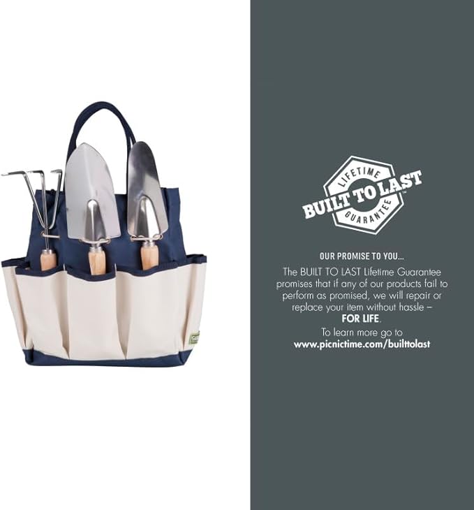 Picnic TIME Disney Mickey Mouse &amp Minnie Mouse Garden Bag with Tool Set Garden Tool Organizer Bag Gardening Tools Gifts for Women and Men (Navy Blue with Beige Accents)
